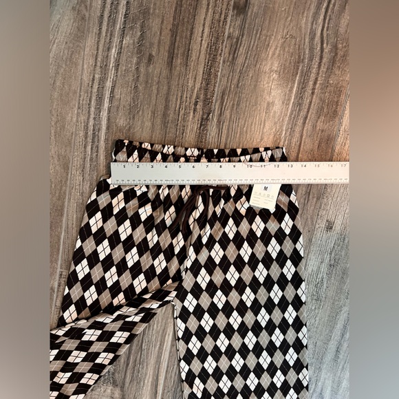 Nunu Yong M Women Brown Argyle Plaid Lounge Pant Wide Leg Drawstring Stretch #68 - Picture 4 of 7